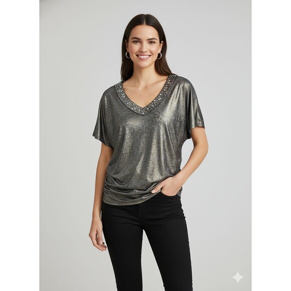 ALK Women's S Rock & Republic Metallic Studded Ruched Side V Neck Bklouse Top - Picture 1 of 8